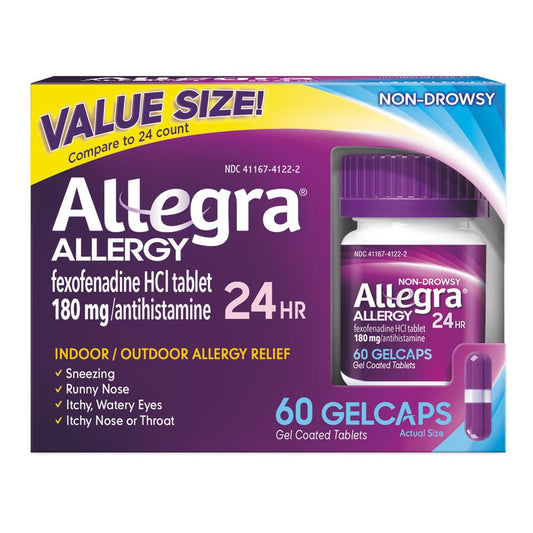 Allegra Adult 24 Hour Non-Drowsy Antihistamine Allergy Relief Medicine 180Mg Gelcaps 60Ct