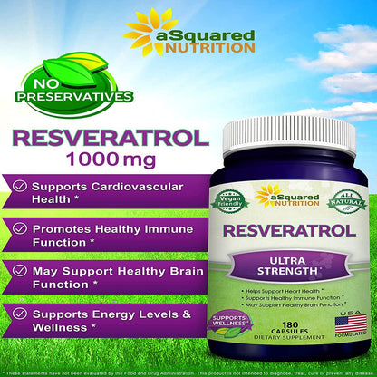 100% Natural Resveratrol - 1000Mg per Serving Max Strength (180 Capsules) Antioxidant Supplement, Trans-Resveratrol Pills for Heart Health & Pure Weight Loss, Trans Resveratrol for Anti-Aging