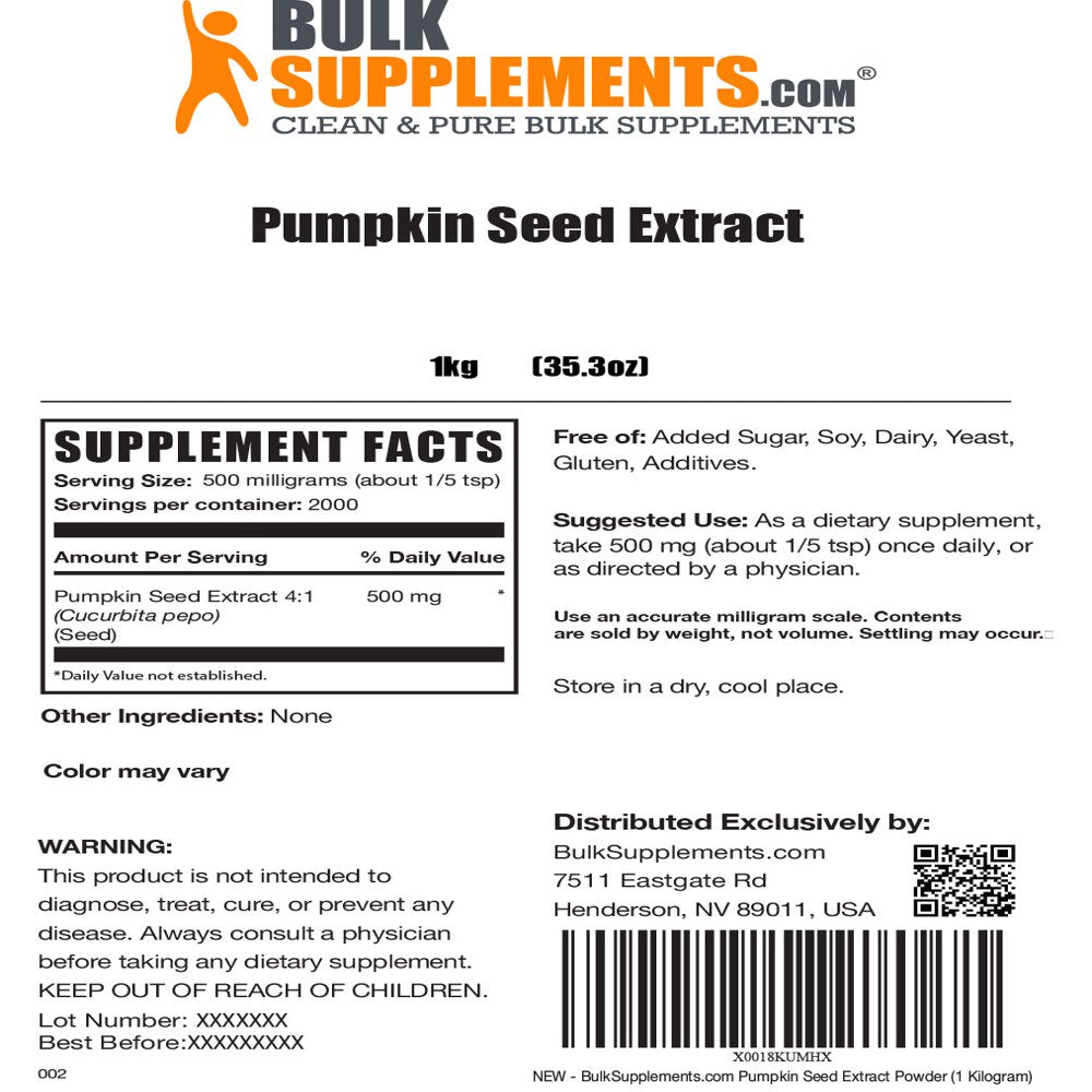 Bulksupplements.Com Pumpkin Seed Extract Powder - Bladder Control - Prostate Supplements for Men - Pumpkin Powder - Prostate Support (1 Kilogram - 2.2 Lbs)