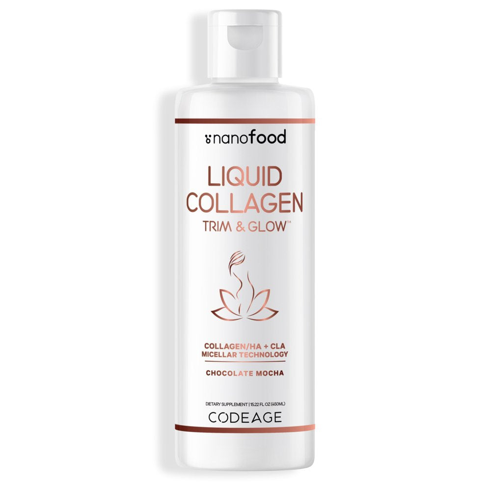 Codeage Nanofood Liquid Collagen Trim & Glow, Conjugated Linoleic Acid, Hyaluronic Acid, Hydrolyzed Collagen Type I, II, III, Whey Protein, Liposomal Delivery, Chocolate Flavor, 15.22 Fl Oz
