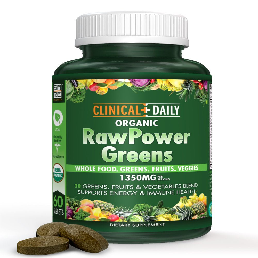 CLINICAL DAILY Raw Power Greens Organic USDA Tablets - Start Dissolving Fast for Absorption. Your Super Greens Powder Organic Superfood in Convenient Fruits and Veggies Supplement Pills. Vegan 60 Ct