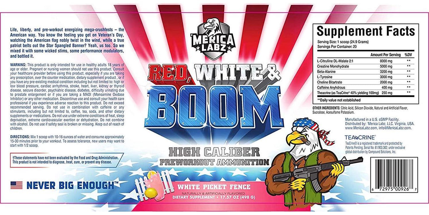 &#039;Merica Labz Red, White and Boom, Fully Dosed Preworkout Powder, 20 Huge Scoops (White Picket Fence)