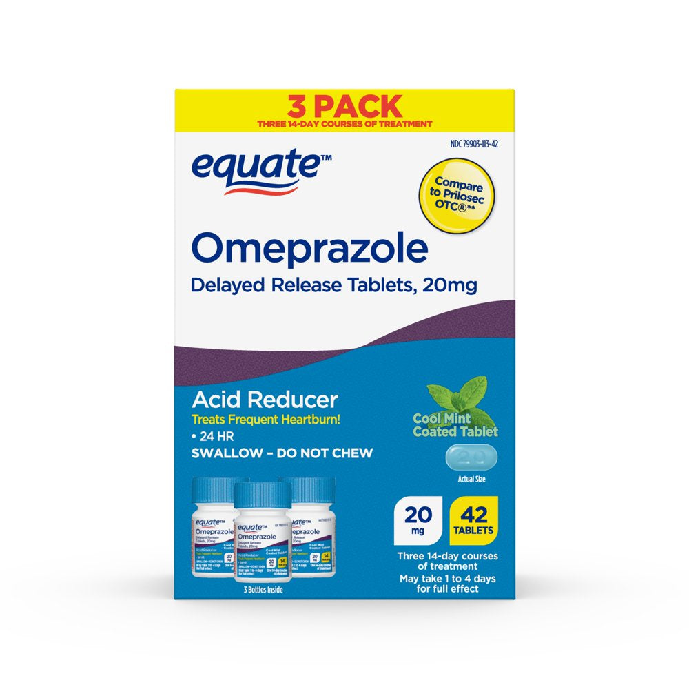Equate Omeprazole Delayed Release Coated Tablets 20 Mg, Cool Mint, 42 Count