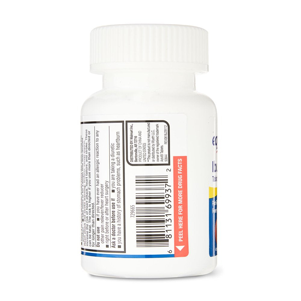Equate Ibuprofen Pain Reliever/Fever Reducer Coated Tablets, 200Mg, 100 Count