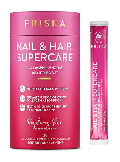 FRISKA Nail & Hair Supercare | Biotin & Collagen Supplements Beauty Boost | Digestive Enzyme & Probiotics for Women | Raspberry Rose Flavor | 20 Stick Packs