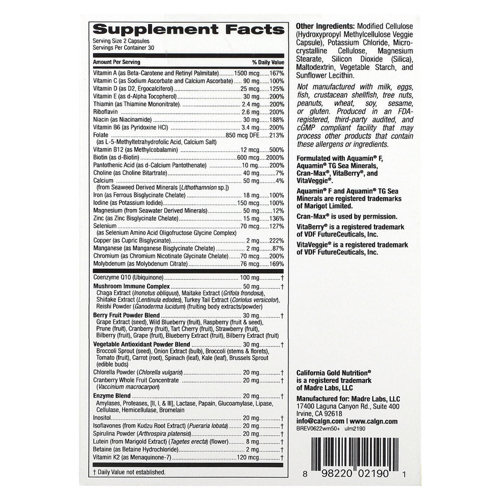 California Gold Nutrition Ultamins Women'S 50+ Multivitamin with Coq10, Mushrooms, Enzymes, Veggies & Berries, 60 Veggie Capsules