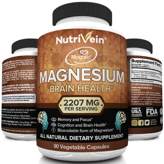 Nutrivein Magnesium L-Threonate (Mgt) - 90 Capsules - Boosts Brain Health, Memory & Focus