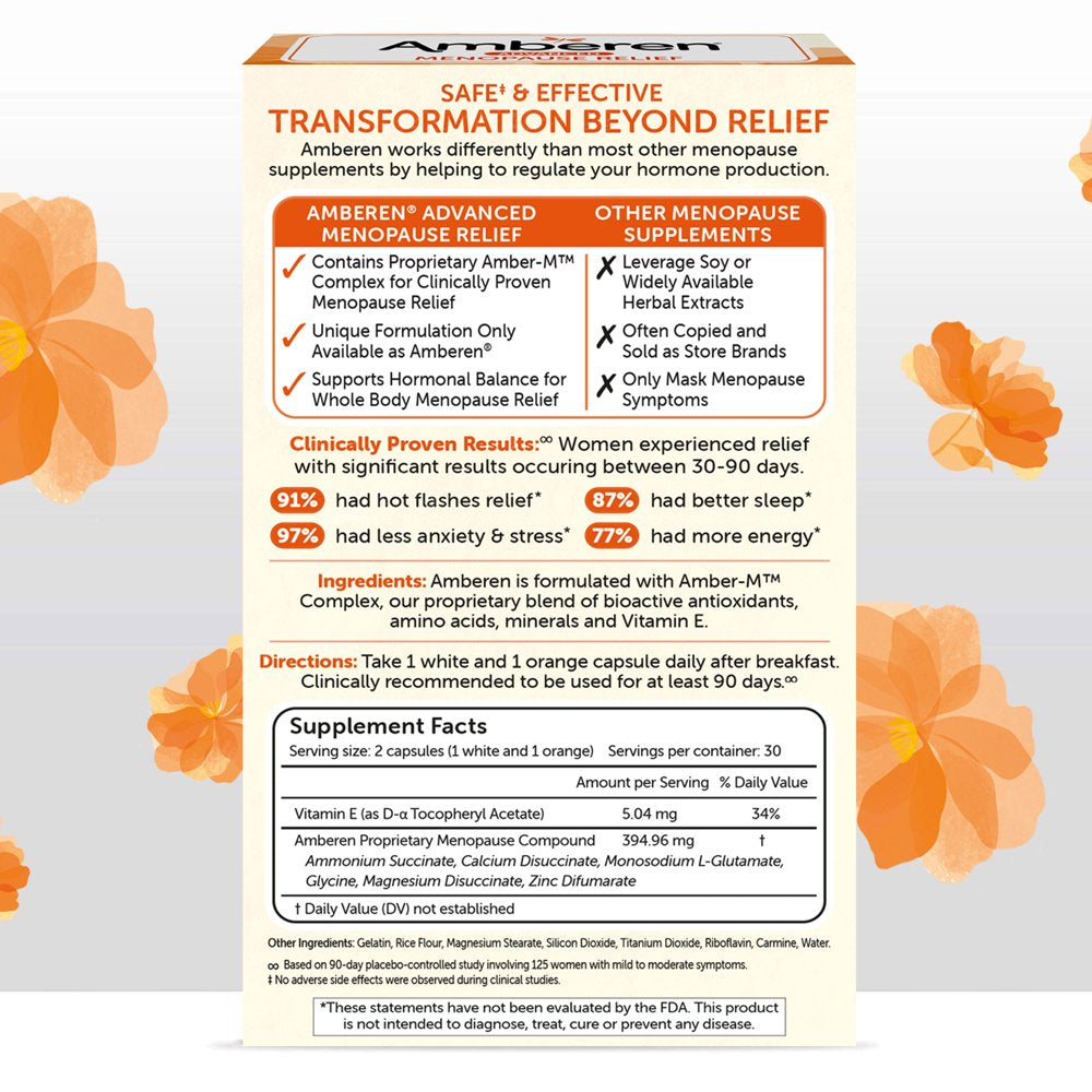 Amberen Multi-Symptom Menopause Relief Supplements for Women, Hot Flash & Night Sweats Relief, 60 Count