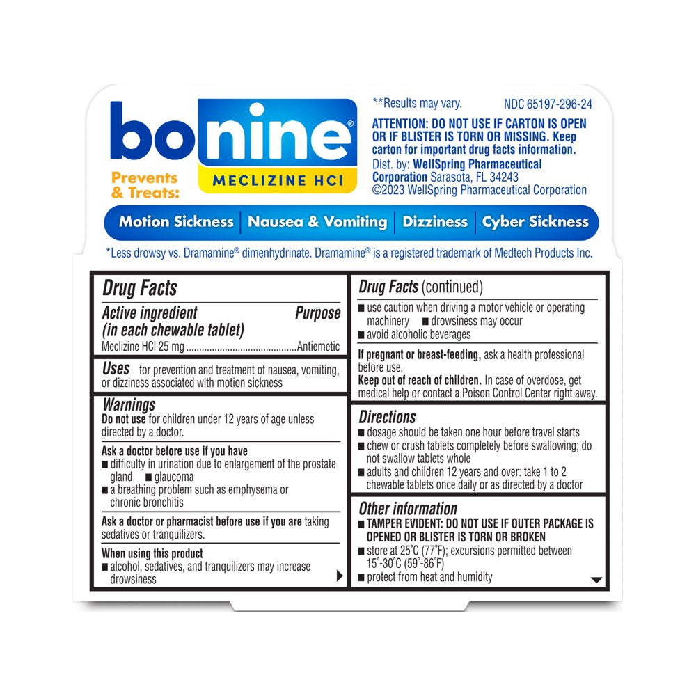 Bonine Motion Sickness Relief Chewable Tablets, Raspberry, 24 Ct