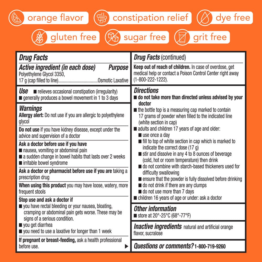 Equate Clearlax Polyethylene Glycol 3350 Powder for Solution, Orange, 30 Doses