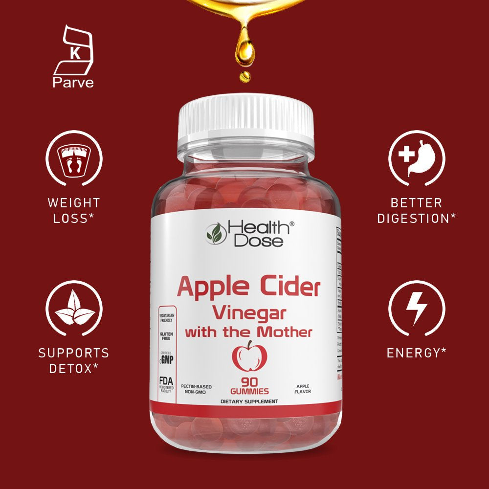 Apple Cider Vinegar Gummy with the Mother by Health Dose 90 Gummies. for Weight Loss Control, Detox, Cleanse, for Women & Men, with Ginger Dry Extract to Support Digestion - Gut, Vegan, Gluten-Free.