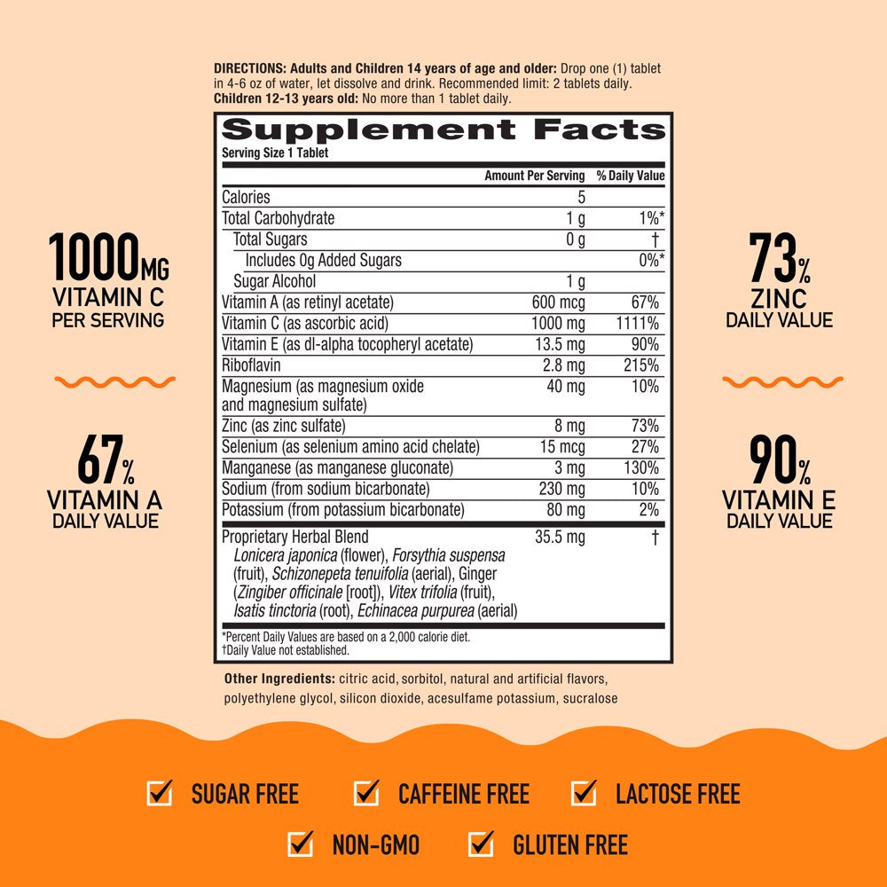 Airborne Zesty Orange Effervescent Tablets, 20 Count - 1000Mg of Vitamin C, Immune Support Supplement