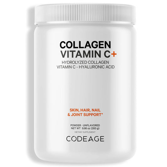 Codeage Collagen Peptides Powder, Type 1 & 3 Grass-Fed Bovine, Vitamin C, Enzymes, Hyaluronic Acid, 9.98 Oz