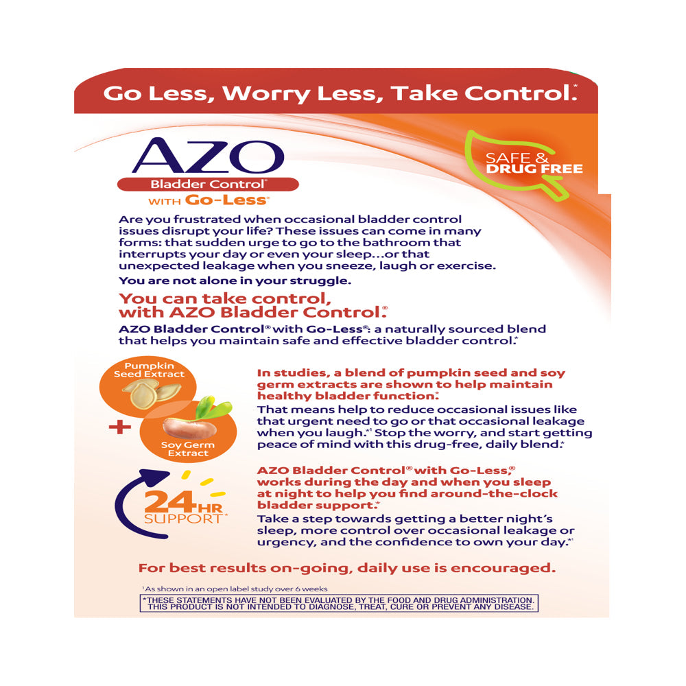 AZO Bladder Control with Go-Less Daily Supplement, Helps Reduce Occasional Urgency* and Leakage†††, 72 Capsules