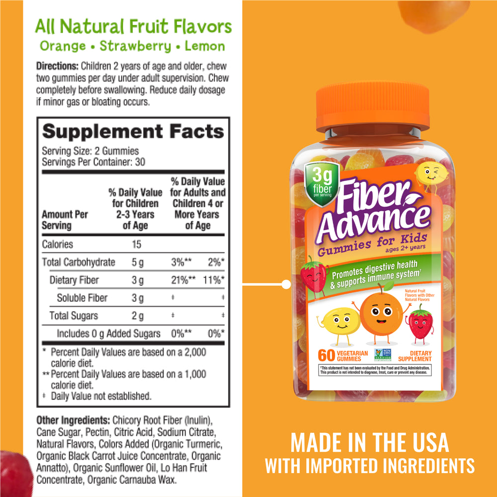 Fiber Advance Kids Digestive Health Fiber Supplement Gummies, Natural Fruit, 60 Count
