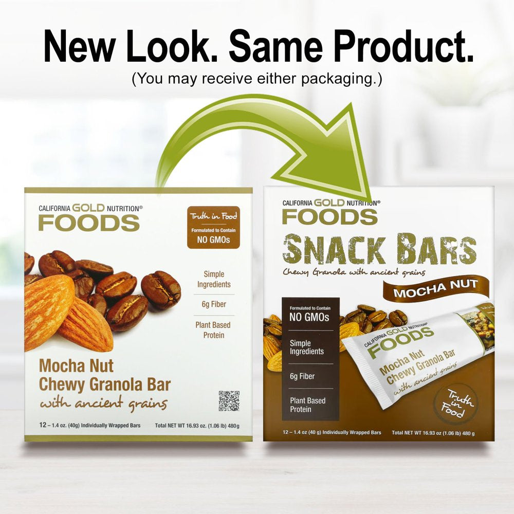 California Gold Nutrition FOODS - Mocha Nut Chewy Granola Bars, 12 Bars, 1.4 Oz (40 G) Each