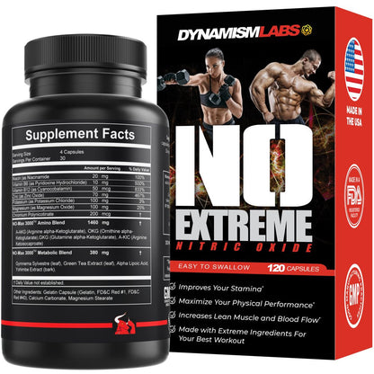 Dynamism Labs NO Extreme - Nitric Oxide Booster, Increased Blood Flow, Improve Your Workouts, Niacin, Vitamin B6, Vitamin B12, A-AKG, OKG, GKG, A-KIC, Zinc, 120Ct