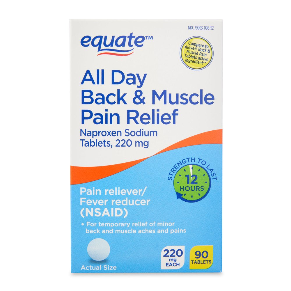 Equate All Day Back & Muscle Pain Relief Naproxen Sodium Tablets, 220Mg, 90 Count