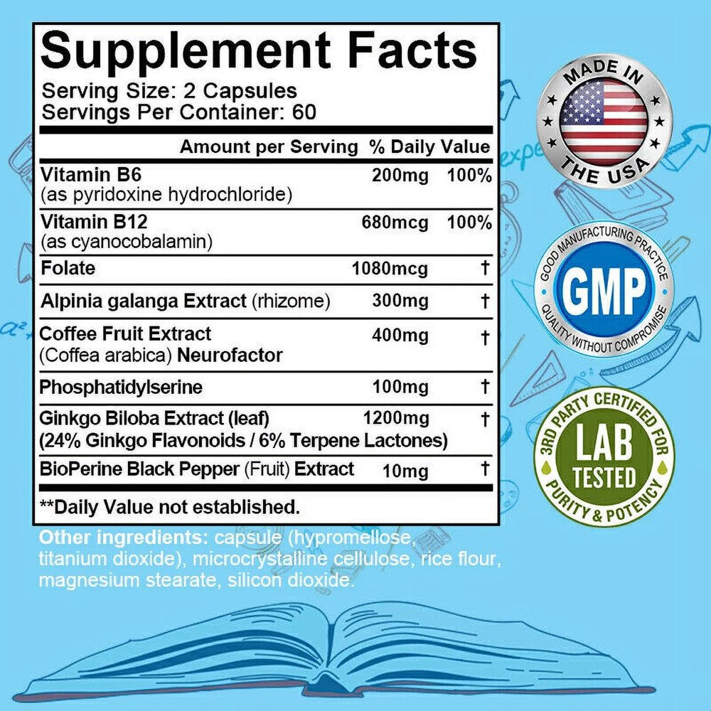 Brain Health Memory Booster, Focus Function, Clarity Nootropic Supplement 2200Mg - 120 Capsules