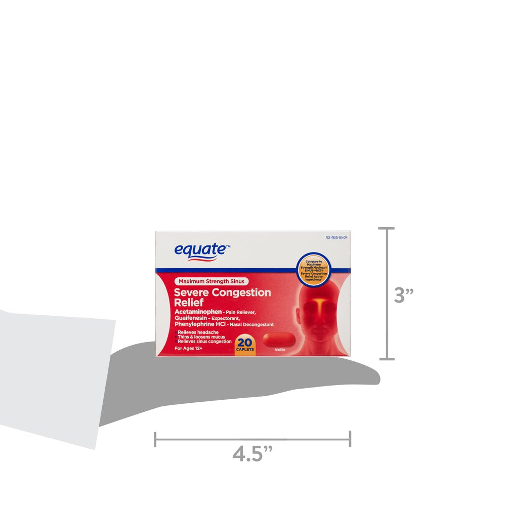 Equate Maximum Strength Sinus Severe Congestion Relief Caplets, 20 Count
