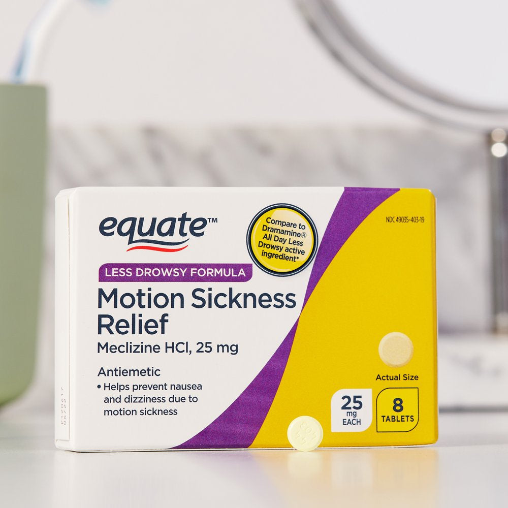 Equate Less-Drowsy Formula Motion Sickness Relief Meclizine HCI Tablets, 25 Mg, 8 Count