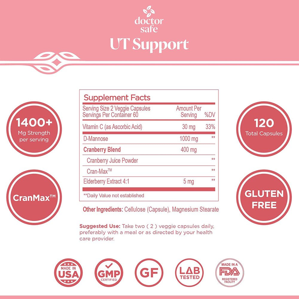 Doctor Safe D Mannose Supplement with Cranberry Extract for Urinary Health Support, 120 Capsules