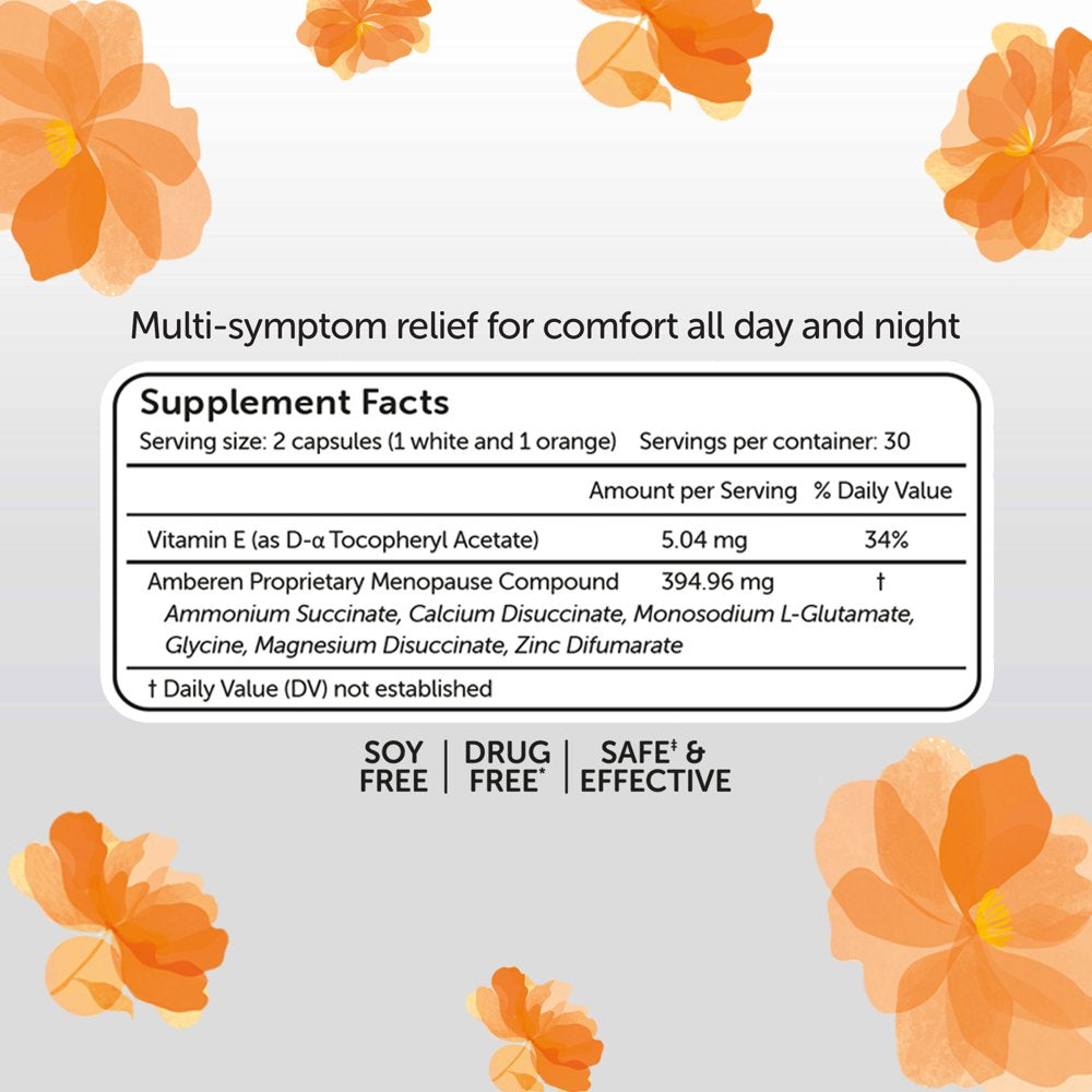 Amberen Multi-Symptom Menopause Relief Supplements for Women, Hot Flash & Night Sweats Relief, 60 Count