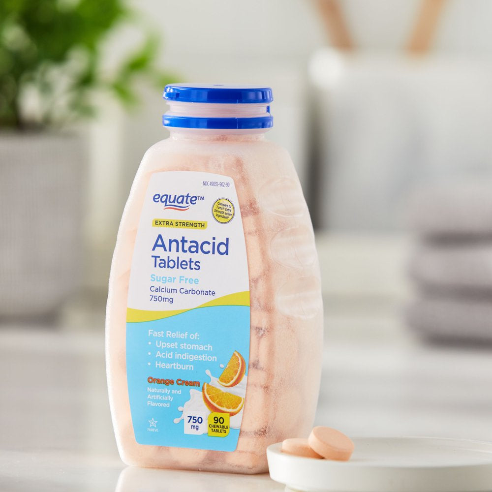 Equate Extra Strength Sugar-Free Antacid Chewable Tablets, Orange Cream,750 Mg, 90 Count