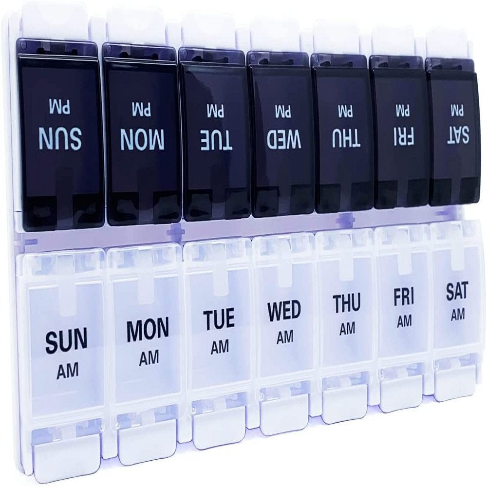 BDUN 7 Day Pill Organizer AM PM 2 Times a Day, Large Capacity Weekly Pill Box Twice Daily, Pill Case 14 Dividers Bpa-Free Medicine Organizer with Easy Push Button