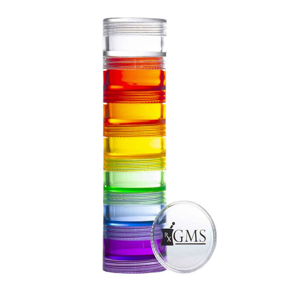 GMS 7 Day round Stackable Tritan Plastic Pill Case with Two Lids and Seven Adhesive Labels (Extra Small - Rainbow)