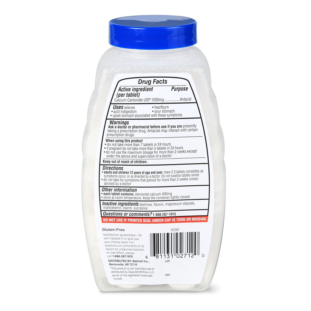 Equate Ultra Strength Heartburn Antacid Chewable Peppermint Tablets, over the Counter, 1000 Mg, 160 Count