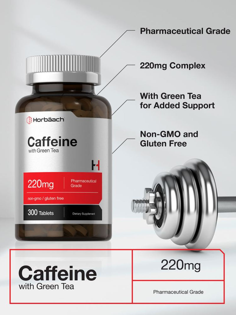 Caffeine Pills 220Mg with Green Tea | 300 Vegetarian Tablets | by Horbaach