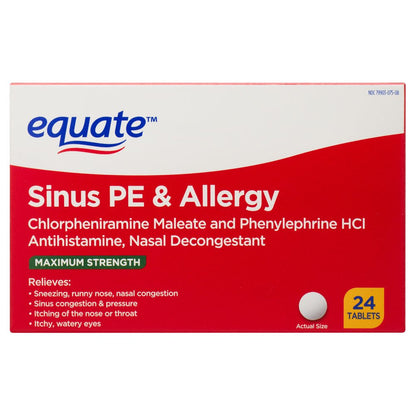 Equate Maximum Strength Sinus PE & Allergy Medicine, 24Ct Tablets