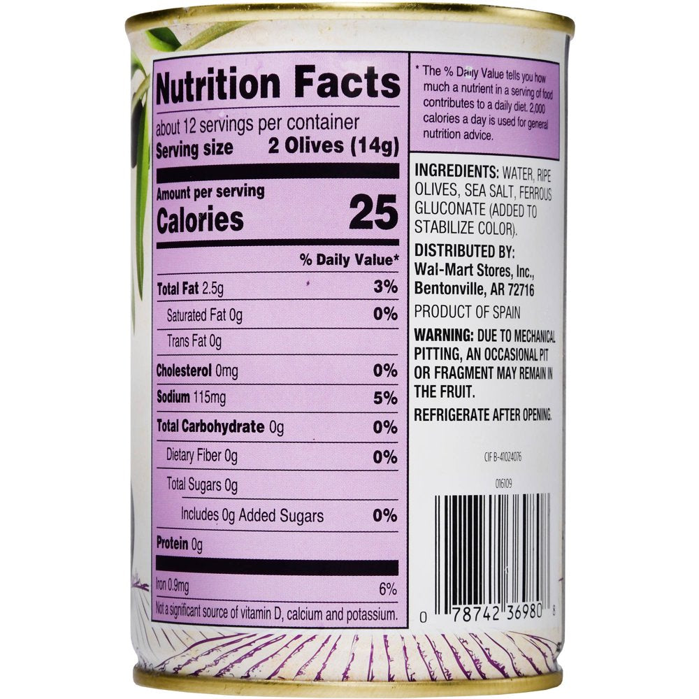 Great Value Jumbo Pitted Black Olives, 5.75 Oz