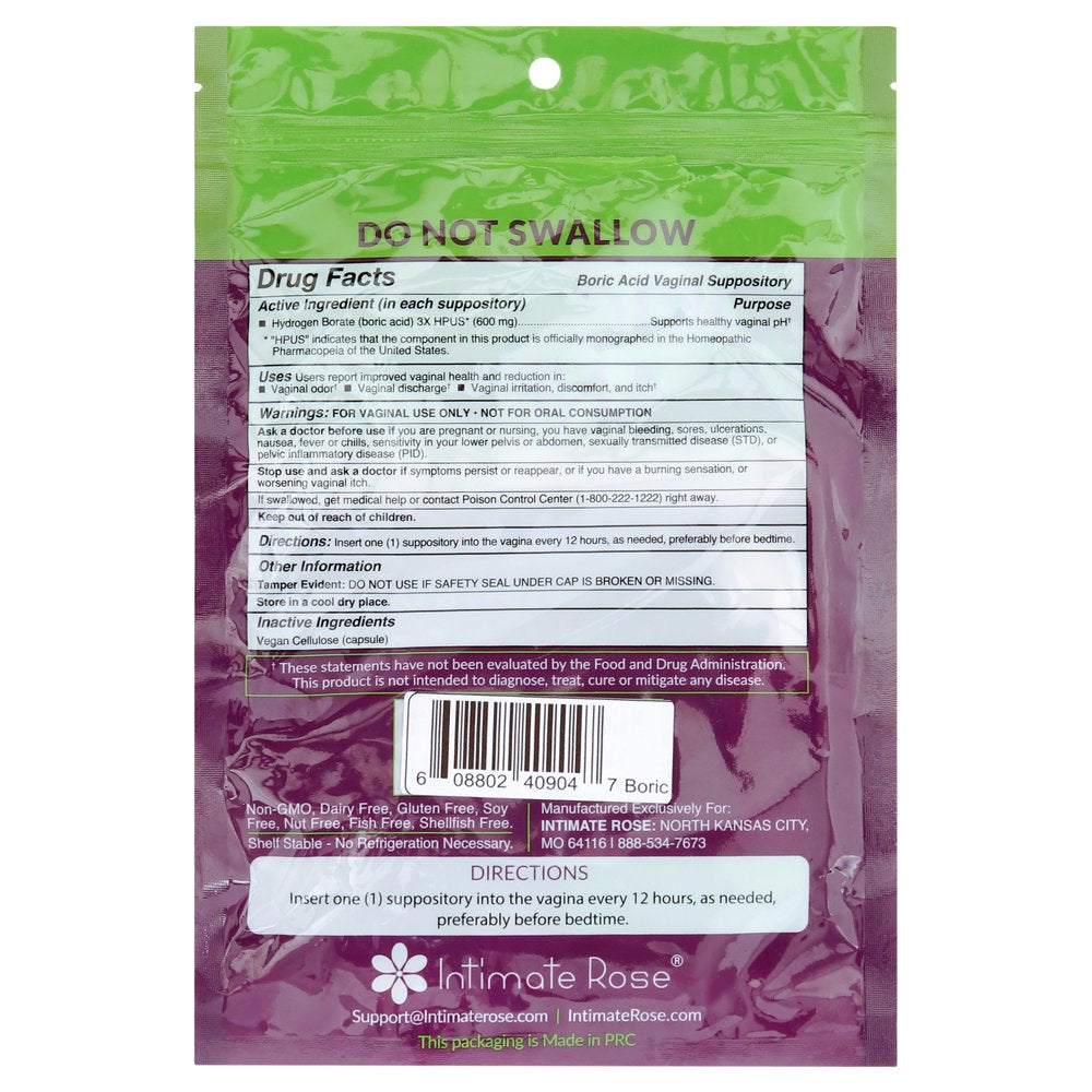 Intimate Rose Boric Acid , Ph Balance for Women, Boric Acid Vaginal Suppositories for Yeast Infection, Vaginitis, Bacterial Vaginosis, 30-Count (600Mg) Includes 7 Applicators - 100% Made in USA