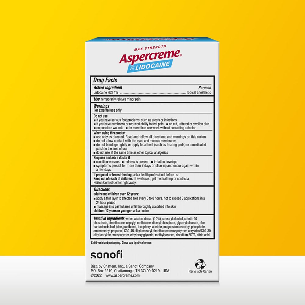 Aspercreme Maximum Strength Numbing Pain Relief Cream with Lidocaine for Foot Pain- Diabetic Skin 4Oz