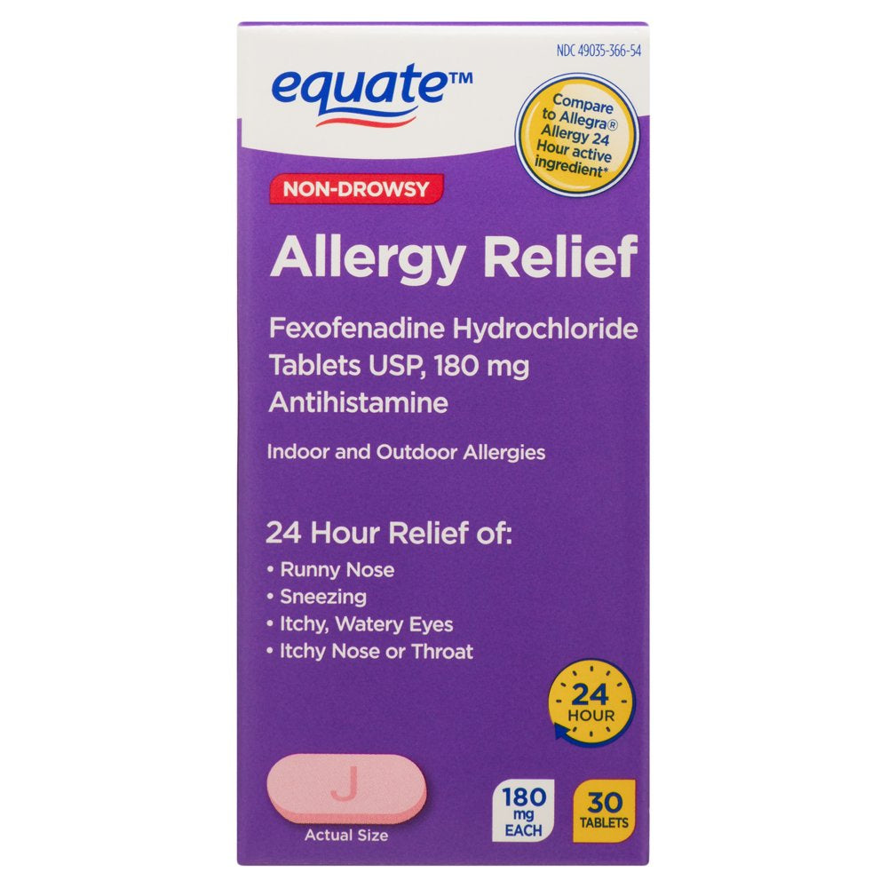 Equate Fexofenadine Hydrochloride USP Non-Drowsy Allergy Relief Tablets, 180 Mg, 30 Count