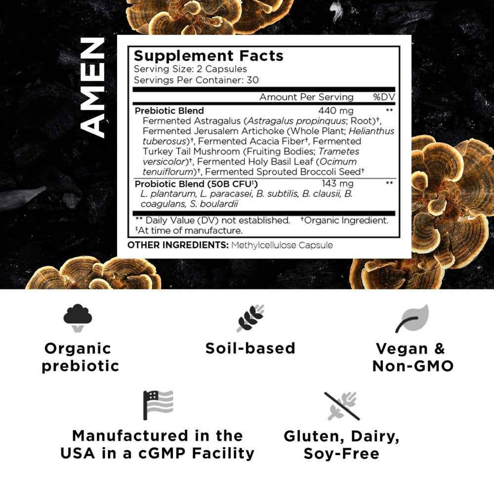 Amen SBO Probiotic, 50 Billion Cfus, Organic Prebiotics, Shelf Stable, Vegan & Non-Gmo, 60 Ct