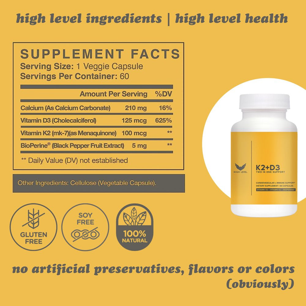 High Level K2-D3 - Vitamin K2 (MK7) with Two in One Support Complex with Bioperine (Black Pepper) | 60 Veggie Capsules | 5000Iu D3 Cholecalciferol, 100Mcg K2 | Heart, Bone and Immune Health