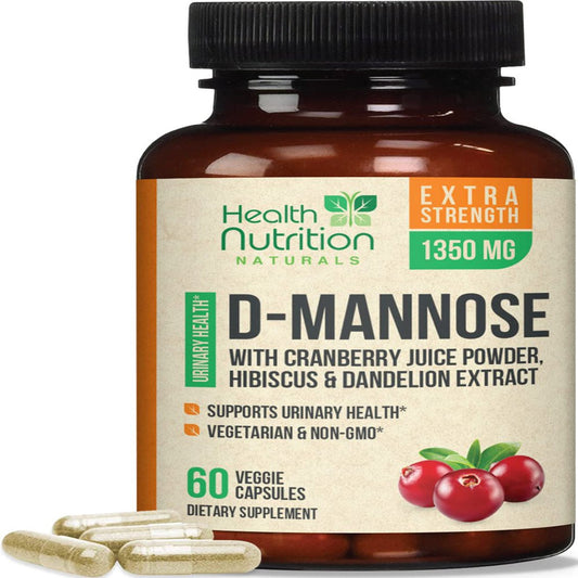 D-Mannose with Cranberry Extract 1350 Mg Complex - Fast-Acting Urinary Tract Health Support, Natural Non-Gmo & Vegan Capsules, Flush Impurities, Extra Strength Dmannose for Women & Men - 60 Capsules
