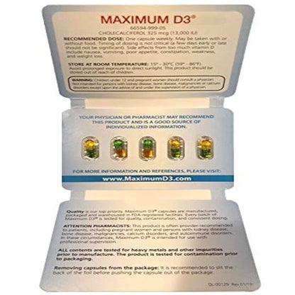 Maximum D3 13,000 IU Box, 60 Capsules Total (1 Box with 12 Cards X 5 Capsules per Card), 60-Weeks Supply