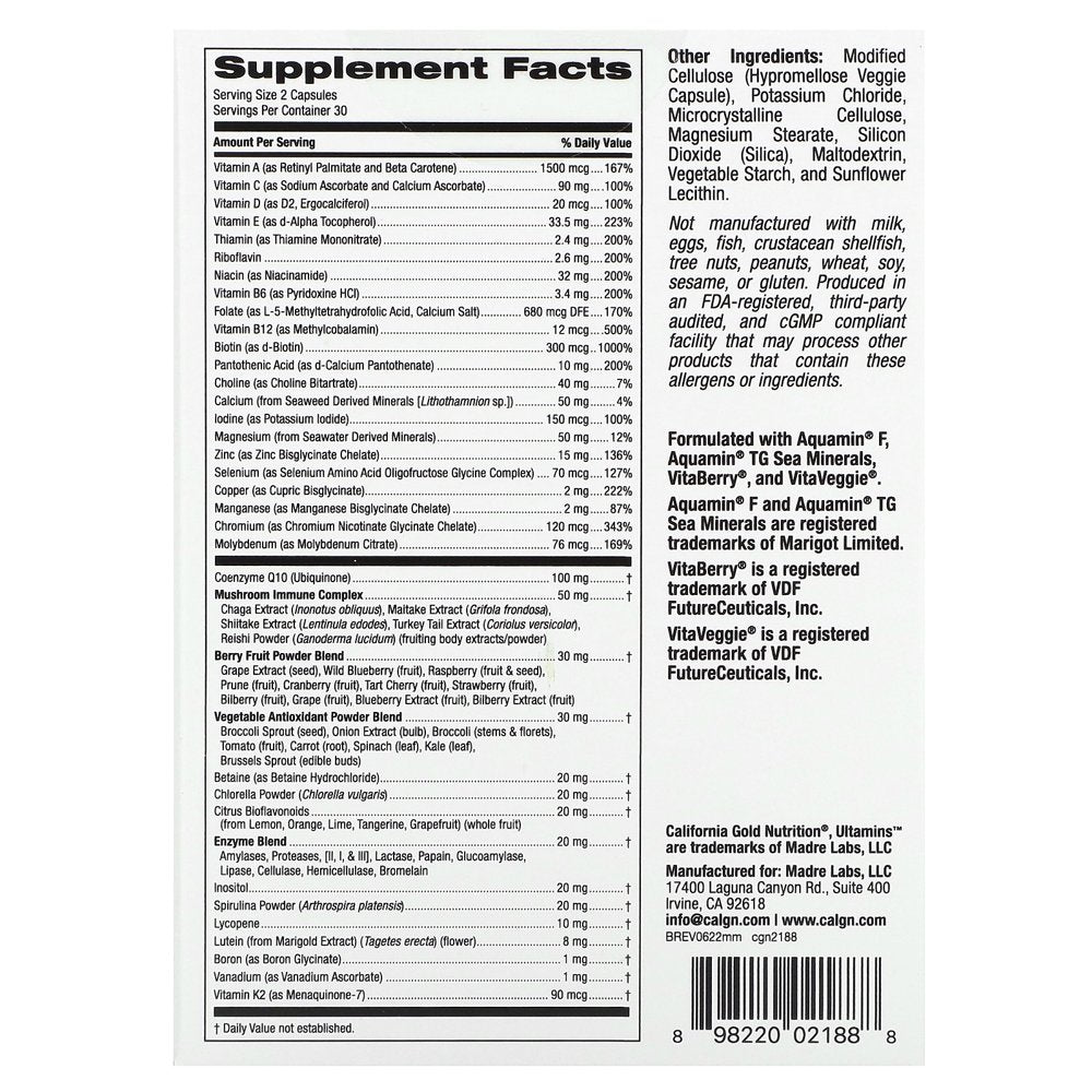 California Gold Nutrition Ultamins Men'S Multivitamin with Coq10, Mushrooms, Enzymes, Veggies & Berries, 60 Veggie Capsules