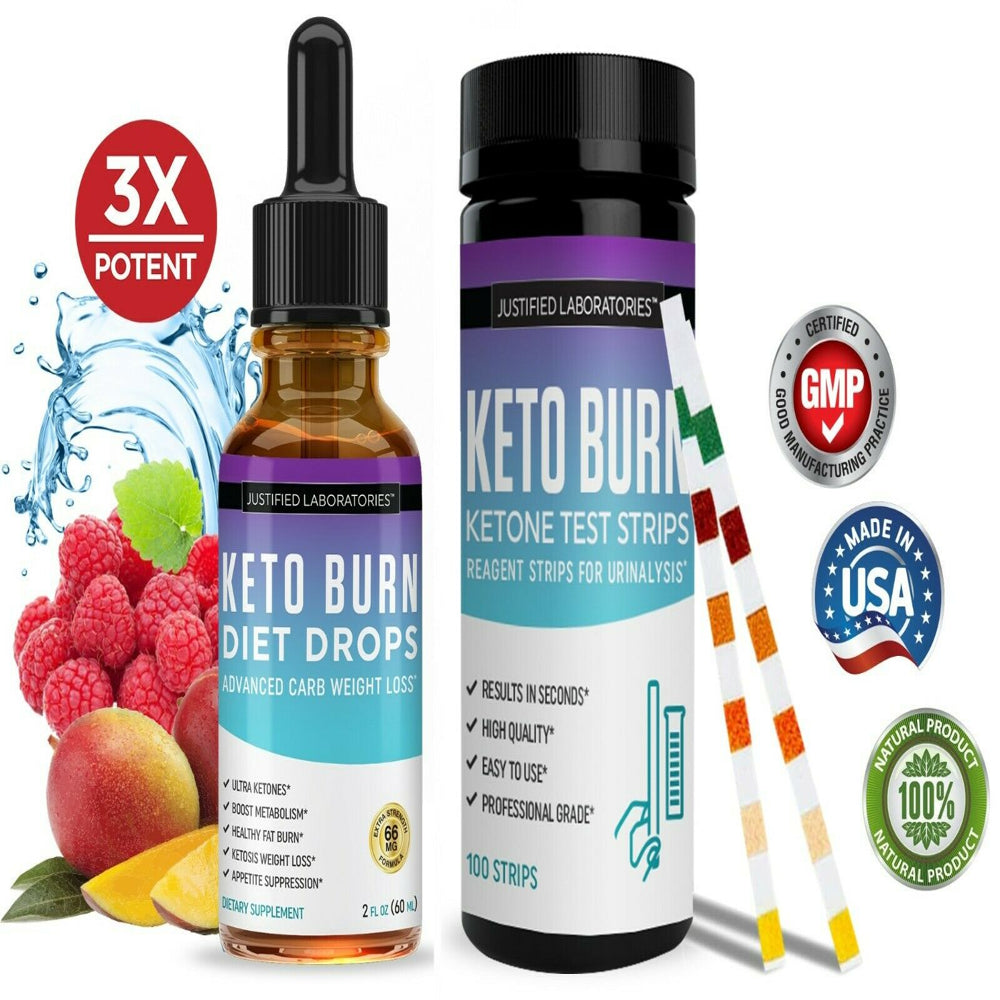Justified Laboratories Keto Diet Drops Supplement Burn Shred Faster Ketosis Weight Loss & Keto Test Strips 100 Count