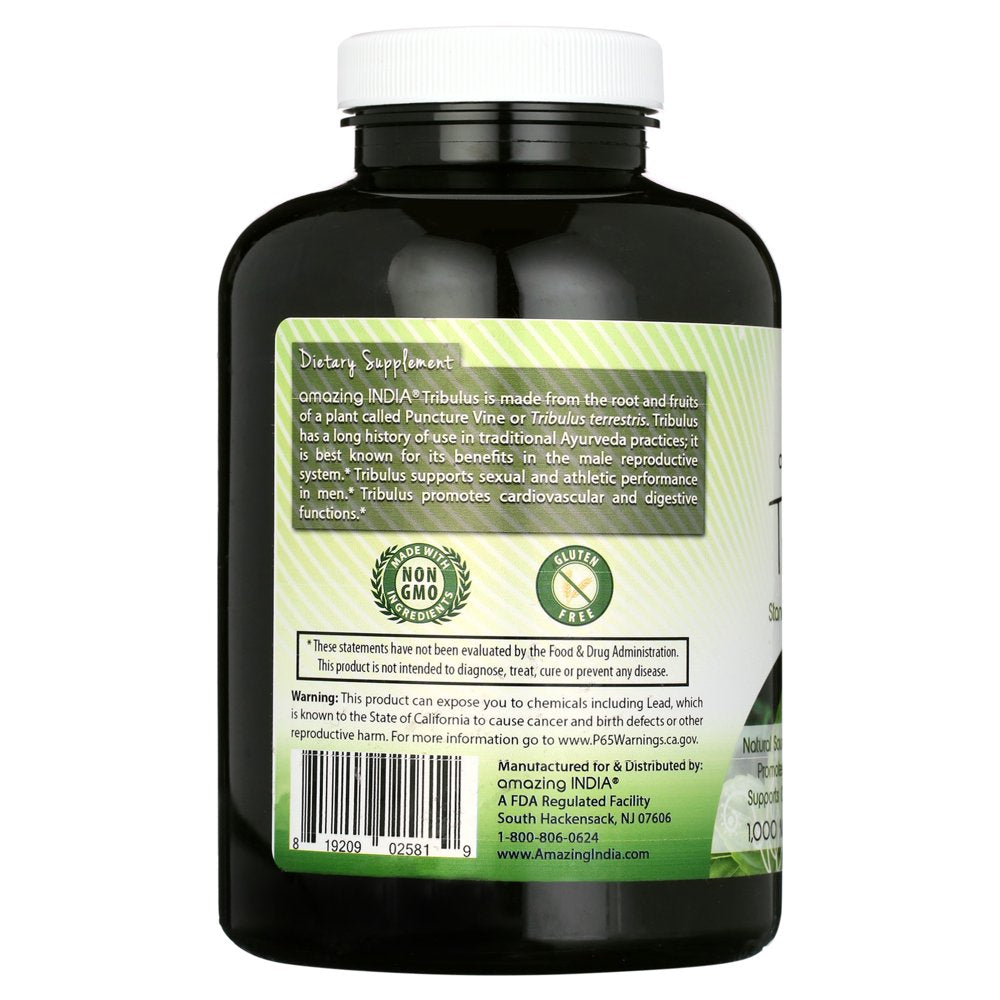 Amazing India Tribulus Extract Dietary Supplement - 1000MG Tablet (Non-Gmo) - Standardized to Contain Min. 45% Saponins - Supports Lean Muscle Mass, Promotes Cardiovascular Health, Immune System (180)