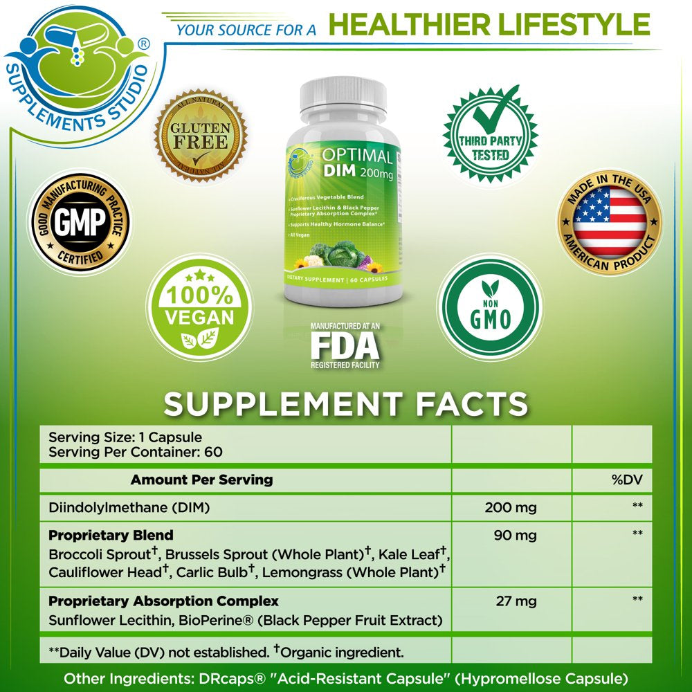 Supplements Studio Optimal DIM (Diindolylmethane) plus Supplement 200Mg, Estrogen Balance, Organic Whole Foods, Sunflower Lecithin/Bioperine, Aromatase Inhibitor, Vegan, 60 Drcaps, 2 Month Supply
