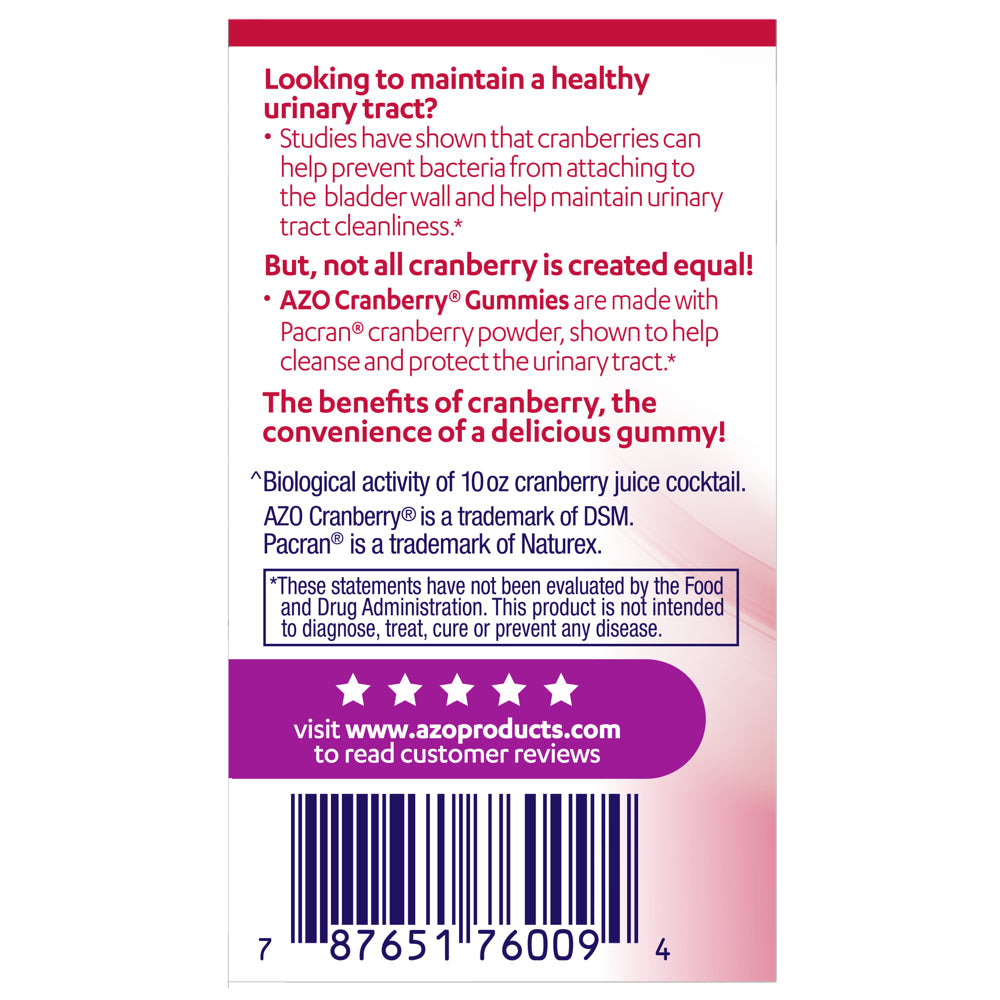 AZO Cranberry Urinary Tract Health Gummies Dietary Supplement, Mixed Berry, 40 Gummies