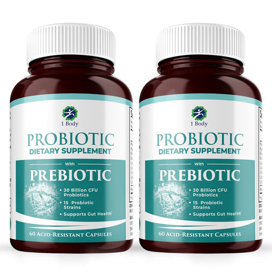 (2 Bottles) 1 Body Probiotic 30 Billion CFU Supplement with Prebiotics with 120 Acid Resistant Vegan Capsules to Promote Gut Health & Support Immune System for Men and Women - Nutricity.com.au