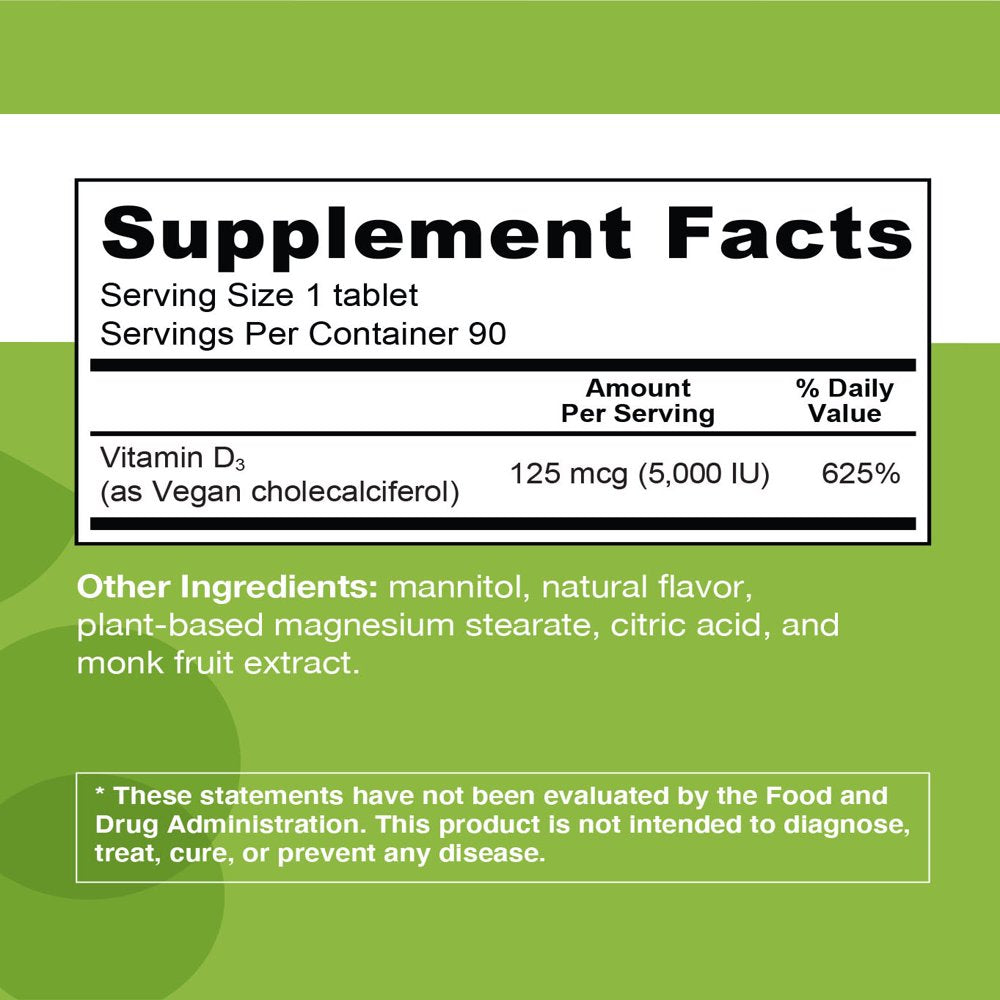 EZ Melts Vitamin D3 Supports Bone and Immune Health, 5000 IU 90 Tablets, Apple Flavored, Vegan Dietary Supplements, Dissolvable and Fast Melting