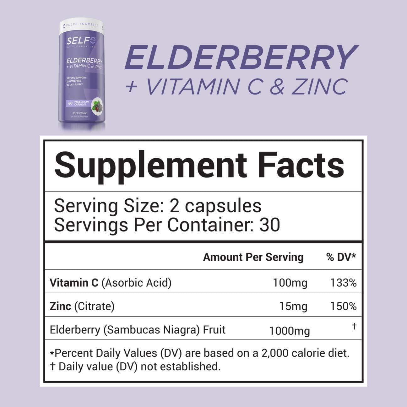 1000mg Premium Elderberry Pills for Adults w/Vitamin C and Zinc for Added Immune Support - Vegan Friendly and Gluten Free - 60 Capsules