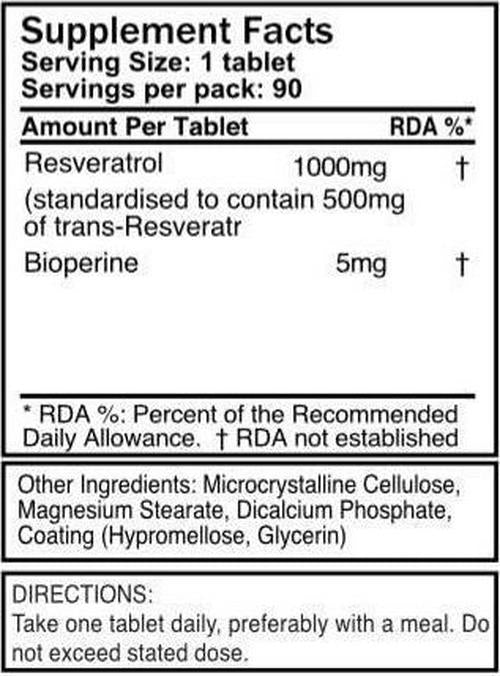 1000mg Resveratrol x 90 Tablets (3 Months Supply). 10 x Strength and with Black Pepper Extract for Faster Absorption. SKU: RV3